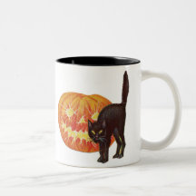 Old Fashioned Halloween Black Cat & Jack-O-Lantern Coffee Mugs