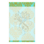 olive green and aqua blue fleur damask personalised stationery