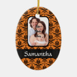 Orange and black damask christmas ornaments