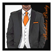 Orange black white tuxedo bachelor party invites