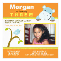 Orange Custom Hippo & Birdie Birthday Party Invite