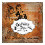 Orange Damask Bride and Groom Wedding Invite