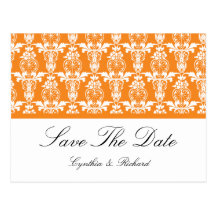 Orange Damask Wedding Save The Date Postcard
