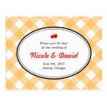 Orange gingham country rustic cherry save the date postcard