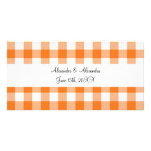 Orange gingham pattern wedding favours photo card