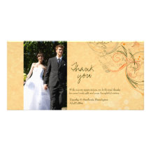 Orange & olive floral swirls wedding thank you photo cards