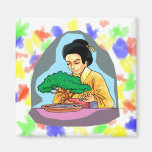 Oriental Woman Tending Bonsai Magnet
