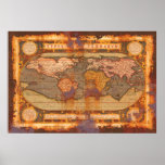 Ortelius' Old World Map in Rusty Grunge Style Print