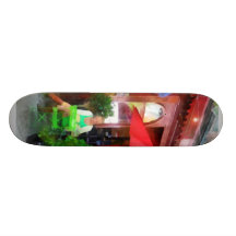 Outdoor Cafe With Red Umbrellas Skate Deck