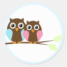 Owl couple on a branch round sticker