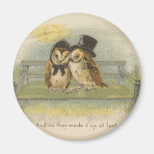owl couple on bench fridge magnets