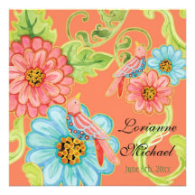 Paradise Love Birds 3, Floral Modern Wedding Custom Announcement