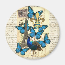 Paris, peacock and butterflies refrigerator magnet