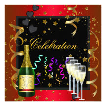 Party Celebration Red Gold Black Champagne Personalized Invites