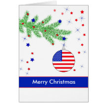 Patriotic Ornament on Branch, Merry Christmas Greeting Card