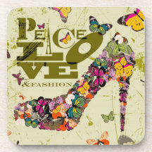 Peace Love and Fashion Graphic Art. Beverage Coaster