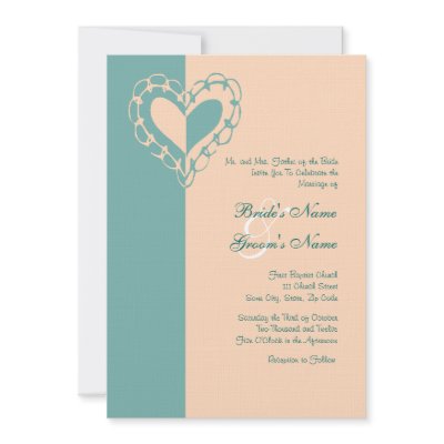 Peach and Teal Heart Wedding Invitation by TheBrideShop