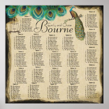 Peacock Feather Bird Cage Reception Seating Chart Posters