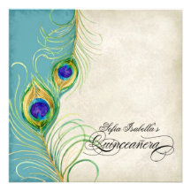 Peacock Feathers Black Damask Quinceanera Party Personalized Invitation