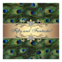 Peacock Feathers Womans 50th Birthday Party Personalised Invites