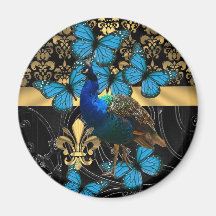 Peacock & gold damask fridge magnets