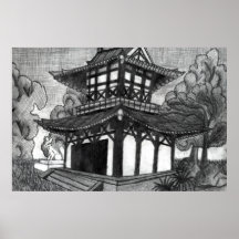Pencil Sketch Pagoda Poster