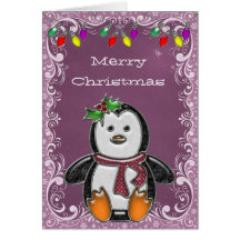 Penguin Jewel & Christmas Lights Purple Card
