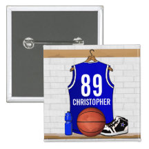 Personalised Blue Basketball Jersey Pinback Button
