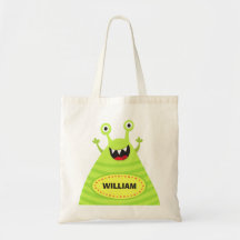 Personalised name funny green monster tote bag