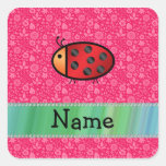 Personalised name ladybug pink floral pattern square stickers