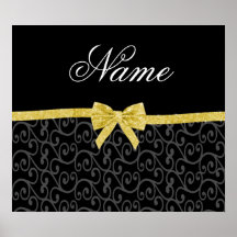 Personalized name black swirls gold glitter bow posters