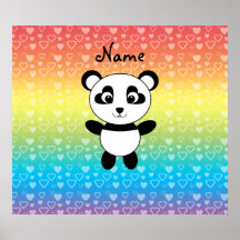 Personalized name panda rainbow hearts posters