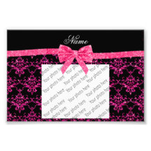 Personalized name pink glitter damask pink bow photo art