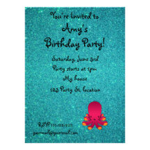 Personalized name pink octopus turquoise glitter custom invitations