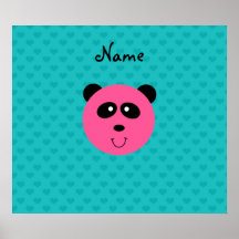 Personalized name pink panda head turquoise hearts poster