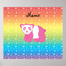 Personalized name pink panda rainbow hearts posters