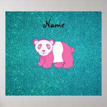 Personalized name pink panda turquoise glitter poster