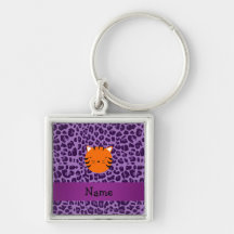 Personalized name tiger face purple leopard print key chains
