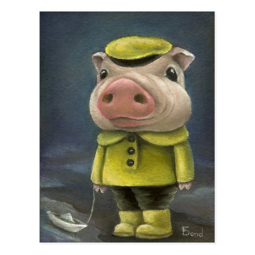 Peter the pig sailing his boat post card