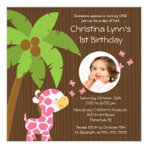 Photo Safari Jungle Giraffe Kid Birthday Party Custom Announcements