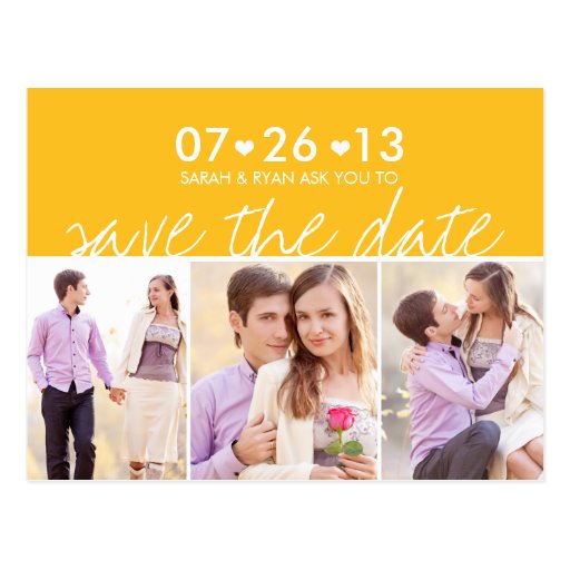 Photo Save the Date Yellow Stripe Hearts Postcard