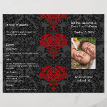 Photo Wedding Program Black Grey & Red Damask Flyer Design
