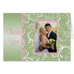 Pink and Green Damask Thank You Card with Photo