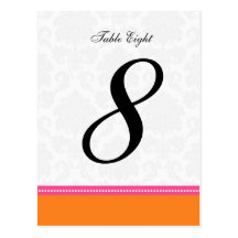 Pink and Orange Damask Wedding Table Number Post Cards