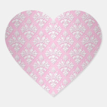 Pink and White Floral Damask Pattern Heart Sticker