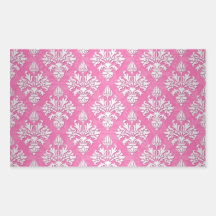 Pink and White Floral Damask Pattern Rectangular Sticker
