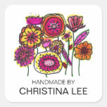Pink and Yellow Flowers, "Handmade By" Labels Square Stickers
