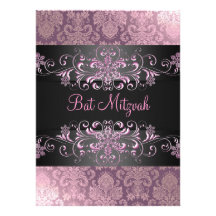 Pink Bat Mitzvah Snow & Damask Birthday Invite