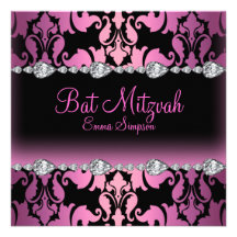 Pink & Black Damask & Diamond Bat Mitzvah Invite