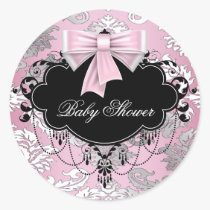 Pink Black Damask Pink Black Baby Shower Sticker stickers